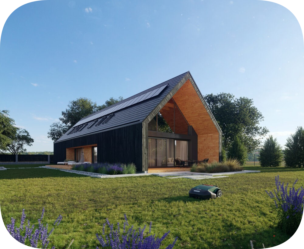 каркасный дом в стиле барнхаус,солнечная погода ,зеленая трав